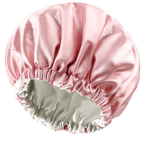 Amamba Shower Caps,100% Real Satin Lined Shower Cap,Extra Large Shower Cap for Women Reusable Waterproof,Adjustable Size&Long Hair Bath Caps?Pink?