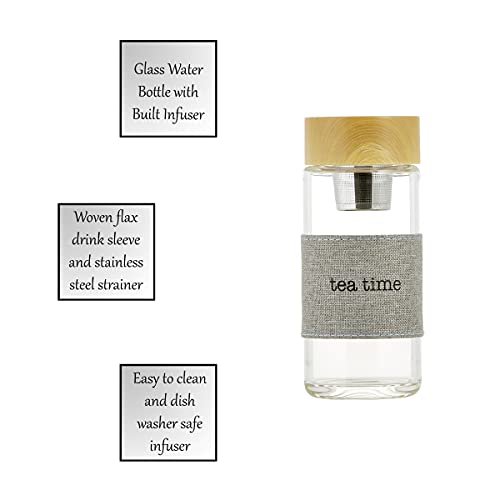 SB Design Studio SIPS F1404 Glass Water Bottle with Built-In Tea Infuser, 12-Ounces, Tea Time