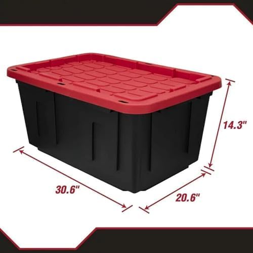 QQLADY 27 Gallon Snap Lid Plastic Storage Tote Box, Plastic Storage Bin Tote Organizing Container With Lid, Stackable & Nestable, Black Red
