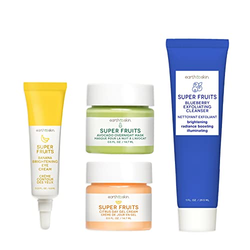 Earth To Skin Super Fruits Starter Set: Blueberry Exfoliating Cleanser (1.0 Fl Oz), Citrus Day Gel Cream (0.5 Fl Oz), Avocado Overnight Mask (0.5 Fl