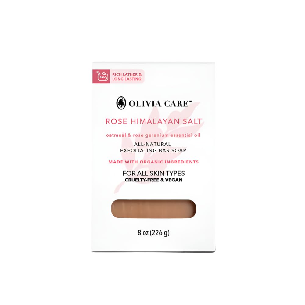 Olivia Care Exfoliating Bar Soap, Rose Himalayan Salt, 100% Natural, Organic Ingredients, Clean Energize Mind Body, Full of Vitamin & Antioxidants