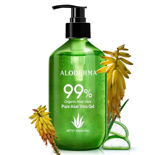 Aloderma 99% Organic Aloe Vera Gel Made within 12 Hours of Harvest - Lightweight, Non-Sticky Aloe Gel for Face Body, Hair, & Scalp, After Sun Relief