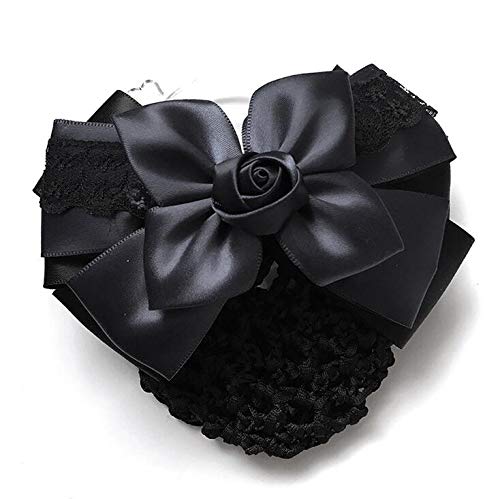 Women Hair Bun Cover Net Snood Hairnet Bowknot Decor Satin Bow Barrette French Hair Clip Bow Ribbon Flower Hair Accessories For Stewardess Banks