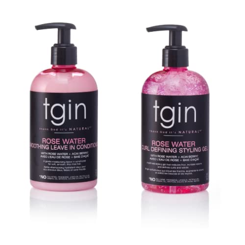 tgin Rose Water Smoothing Leave-In Conditioner & Rose Water Defining Styling Gel for Curly, Coily and Wavy Hair, Lightweight Moisture and Curl