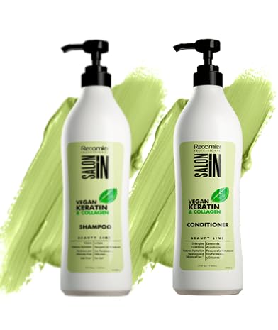 Salon In by Recamier - Vegan Keratin Hair Shampoo & Conditioner Bundle | Vegan Keratin & Collagen Set with Shampoo (33.8 fl oz / 1000 ml)