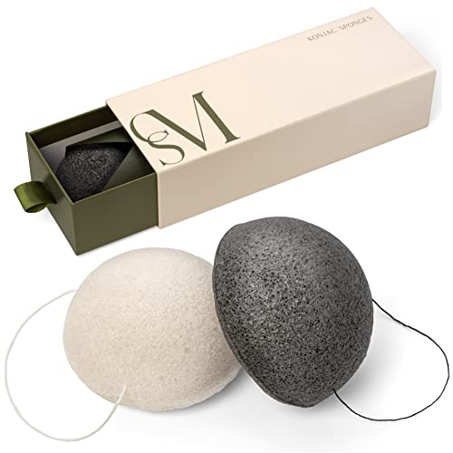 CSM Organic Konjac Sponges 3-Pack for Gentle Exfoliating - Facial Cleansing Sponge with Activated Bamboo Charcoal to Clean Pores, Remove Impurities