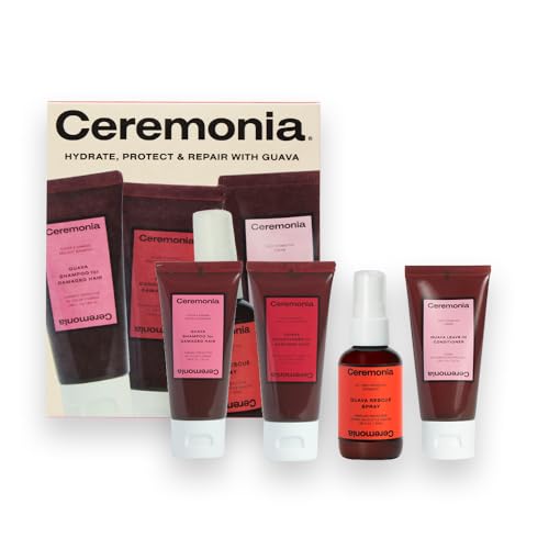Ceremonia Guava Travel On-the-Go Kit | 4 Piece Hair Care Set to Repair Split Ends & Reduce Frizz | Includes Shampoo, Conditioner, Leave-In