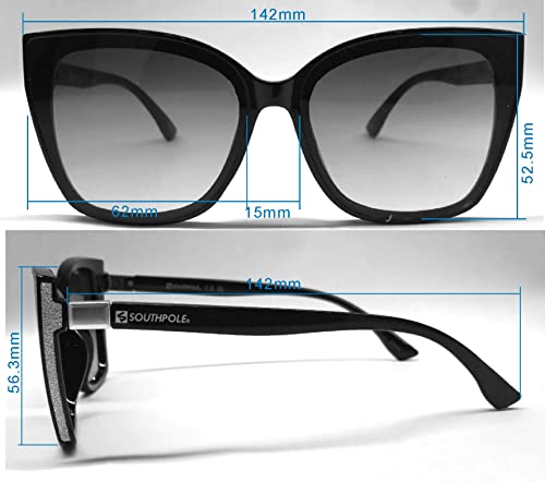 SOUTHPOLE Women's 1086SP Sparkling UV400 Protective Cat Eye Sunglasses. Cool Gifts for Her, 62 mm, Black