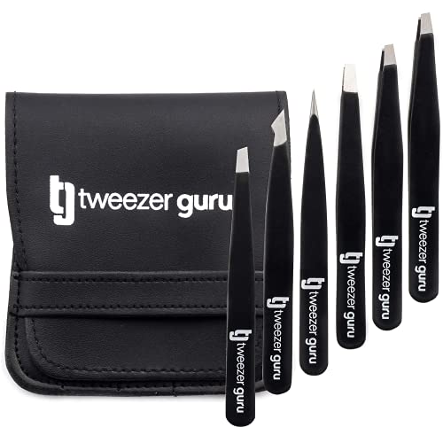 Tweezer Guru Eyebrow Tweezer Set for Women & Men - Professional Slant and Pointed Tweezers Set with Case - Precision Tweezers Kit for Facial Hair