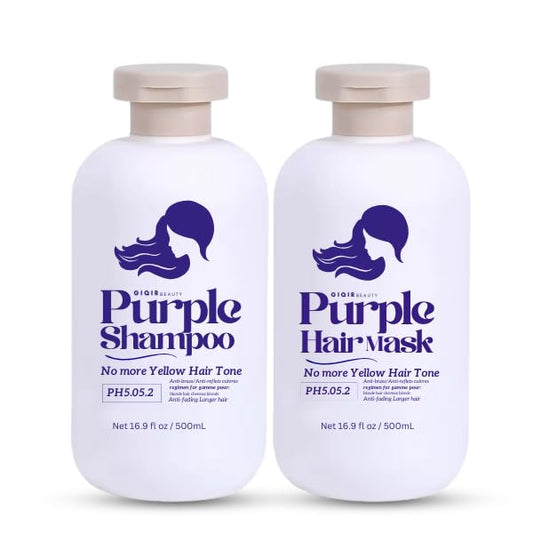 GiQir Beauty Purple Shampoo and Hair Mask Set, No More Yellow Hair Tone, Anti-Fading, 16.9 fl oz, 500mL, PH5.05.2