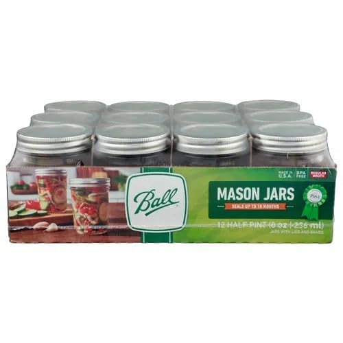 Ball Regular Mouth Mason Jars 8 oz. (12 Pack) - Half Pint Size Jars with Airtight Lids and Bands for Canning, Fermenting, Pickling, Meal Prep or DIY…