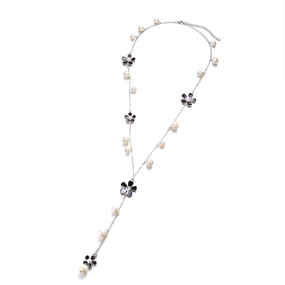 DoubleNine Camellia Long Chain Necklace Beads Silver Crysyal Pendant Drop Charm Necklace for Women Bride Wedding Evening Party