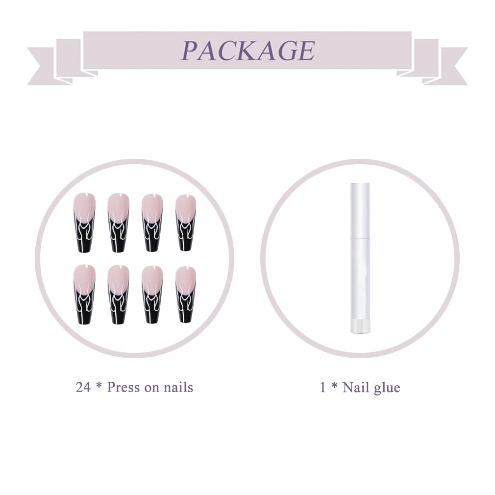 BABALAL Long Press on Nails Coffin Fake Nails Black French Tip Glue on Nails Glossy Acrylic Nails Gothic Falme Design Ballerina False Nails for Women