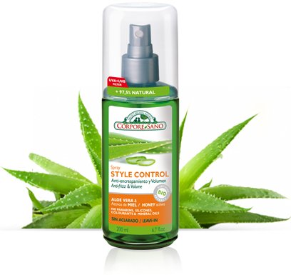 Anti-frizz & Volume. Corpore Sano Aloe Vera & Honey Spray Style Control. No parabens,silicons, colorants & mineral oils. 200ml/6.7 fl.oz