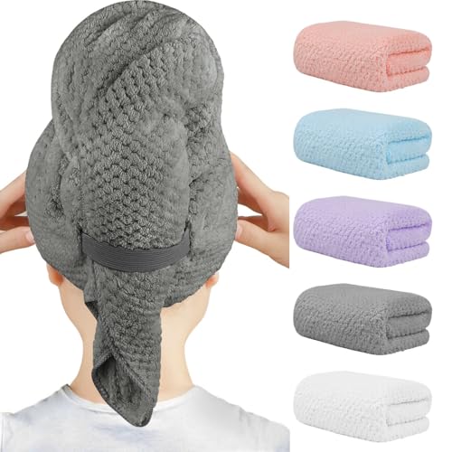 HOMEXCEL 5 Pack Microfiber Hair Towels - 40 x 20 inches Super Soft, Fast Drying Turbans for Long, Thick, Curly Hair - Anti Frizz Wrap with Elastic Beauty and Personal Care HOMEXCEL Default Title