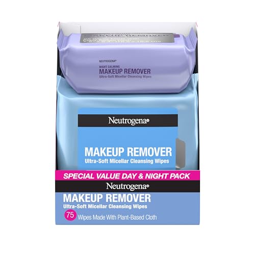 Neutrogena Day & Night Facial Cleansing Wipes, Makeup Remover Face Cleansing Towelettes & Night Calming Facial Cloths, 100% Plant Based Fibers Wipe