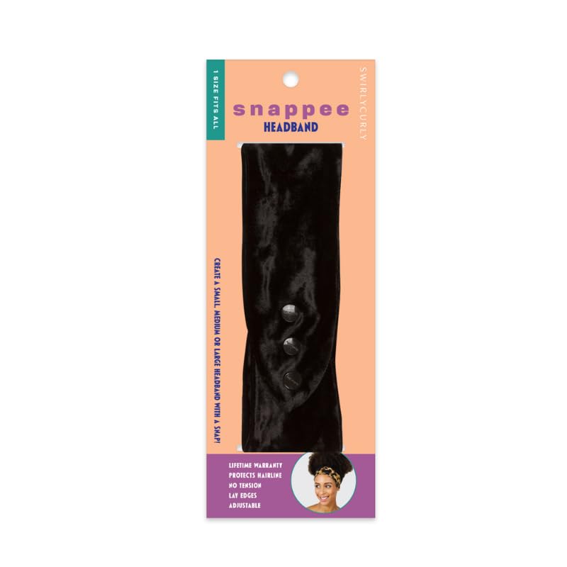 SWIRLYCURLY Women’s Fashion Headband for Thick, Natural, Curly Hair | No-Slip, 3-Snap, Adjustable, Washable, Turban Headwrap (1 Pack, Black Velvet)