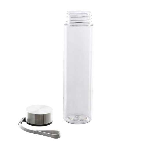 SIT MART 18 oz Clear Plastic Water Bottle with Stainless Steel Screw Cap and Carry Strap - Reusable Drinking Bottle for Travel, Gym, School, Office…