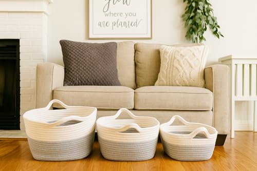 SDFUMAO Cotton Rope Storage Baskets Set of 3, Grey & White Woven Bins with Handles - Soft, Durable, and Versatile for Laundry, Toys, Blankets…
