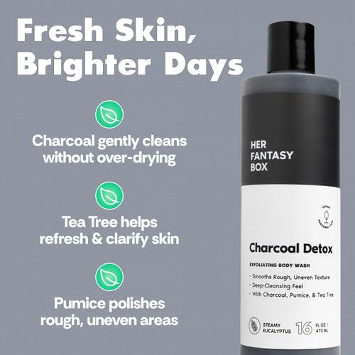Her Fantasy Box | Charcoal Detox Exfoliating Body Wash - Activated Charcoal & Pumice Deep Cleanser with Tea Tree & Eucalyptus, Refreshing Exfoliation Beauty & Personal Care Her Fantasy Box