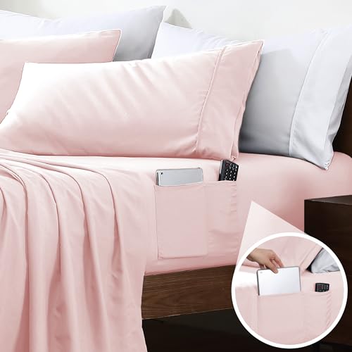 Swift Home Smart Sheets, Ultra Soft Brushed Microfiber 4-Piece Sheet Set, Fitted Bed Sheet with Side Storage Pockets - Blush, Full