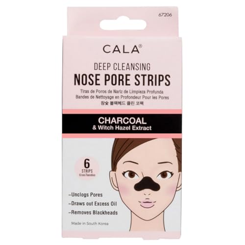 CALA Charcoal Nose Pore Strips with Witch Hazel Extract, Deep Cleansing Blackhead Remover Nose Strips, Purifying Detoxifying Pore Care, 6 Strips
