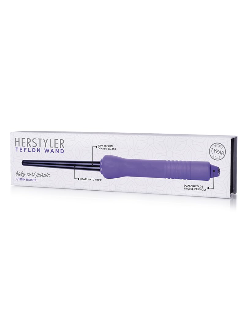 HerStyler Baby Curls Mini Curling Iron, 9mm to 13mm Tapered Barrel, Thin Curling Wand with Dual Voltage, For Crowned Curls, Purple