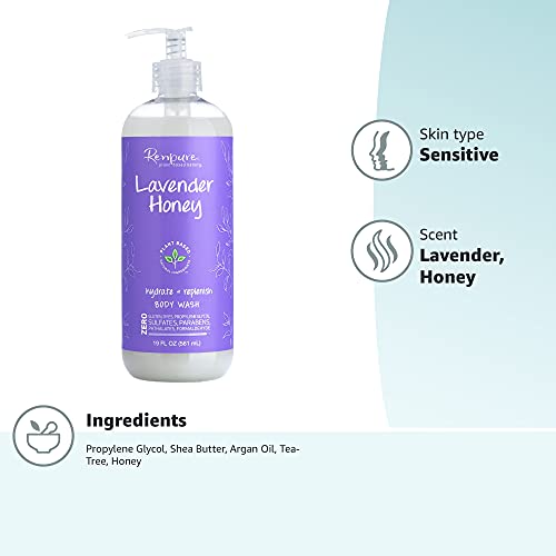 RENPURE Plant-Based Organic Natural Lavender Body Wash, Manuka Honey & Coconut Oil for Body - Sulfate Free, Moisturizing Shower Gel & Sensitive Skin