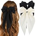 ATODEN Silky Satin Hair Bows 2Pcs Big Hair Bows for Women Hair Ribbons Oversized Long Tail White Hair Bow Black Hair Bow Large Hair Ribbon Barrettes