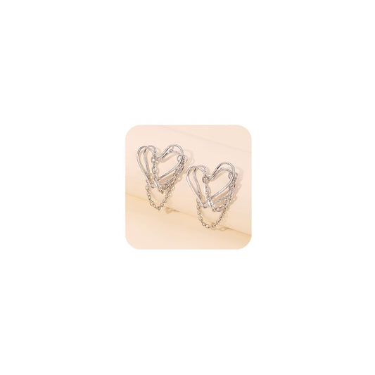 JWICOS Tassel Chain Drop Dangle Double Layer Big Heart Hoop Earrings for Women Punk Style (Silver)