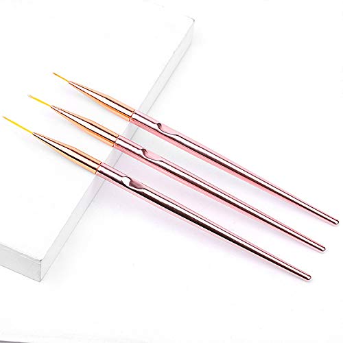 FULINJOY 3 Pcs Rose Gold Nail Art Liner Brushes Set, UV Gel Acrylic Application Nail Pens Nail Art Designs Tools(7mm/9mm/11mm)