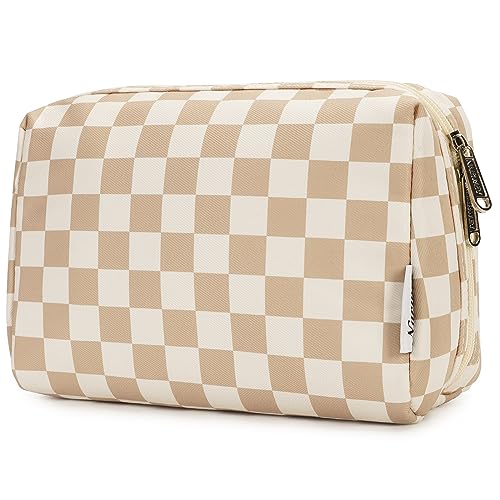 Narwey Checkered Makeup Bag Travel Cosmetic Bag Organizer Toiletry Bag Make Up Bags with Compartments for Women Girls (Large, Light Checkerboard) Beauty and Personal Care Narwey Default Title
