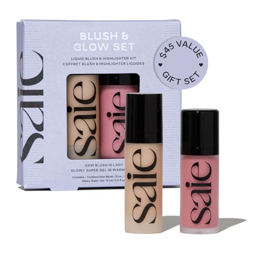 Saie Blush & Glow Gift Set - Dew Blush in Lady & Glowy Super Gel Liquid Highlighter & Makeup Primer in Warmglow - Skincare Infused Everyday Makeup Kit Beauty and Personal Care Saie Default Title