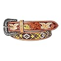 American Darling Small Hand Tooled Brown Genuine American Leather Beaded Belt Men & Women Western Belt with Removable Buckle
