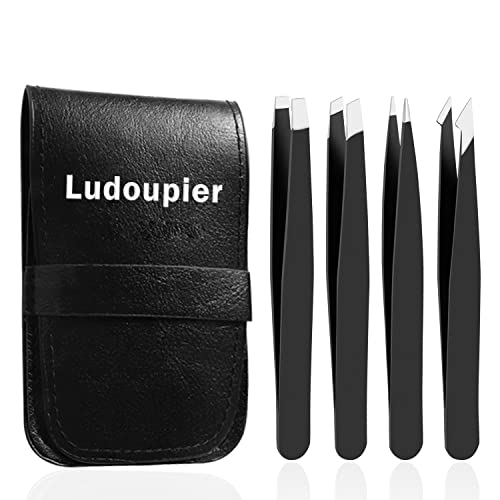 LUDOUPIER [4+1 Pieces] Tweezers Set with Travel Case, Great Precision Upgrade Professional Anti-rust Alloy Tweezers for Women & Men Multi-purpose as