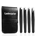LUDOUPIER [4+1 Pieces] Tweezers Set with Travel Case, Great Precision Upgrade Professional Anti-rust Alloy Tweezers for Women & Men Multi-purpose as