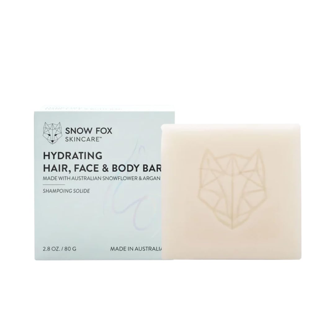 Snow Fox Skincare Hydrating Hair, Face & Body Bar | Shampoo & Conditioner Bar | Restores Moisture, Shine, Softness | Shea Butter & Argan Oil |