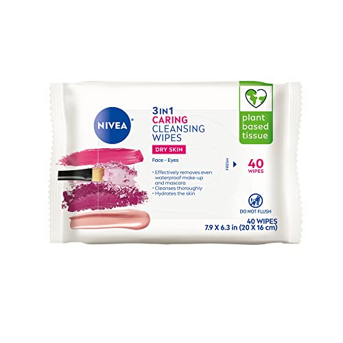NIVEA 3in1 Caring Cleansing Wipes for Face and Eyes, Effective as a Waterproof Makeup Remover, Gentle Facial Cleanser for Dry and Sensitive Skin, 40