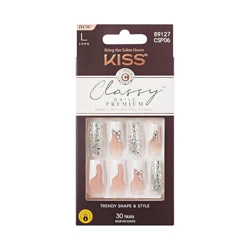 KISS Premium Classy Fake Nails - Stay Modish, Long & Square, Super Glam, Jewel Accents, Waterproof, Smudge Proof, No Dry Time, Durable, Takes Minutes Beauty & Personal Care KISS