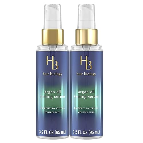 Hair Biology Argan Oil Taming Serum, Twin Pack, 3.2 Fl Oz Each - Hair Serum Nourishes to Soften & Control Frizz. Infused with Biotin - Dry Hair