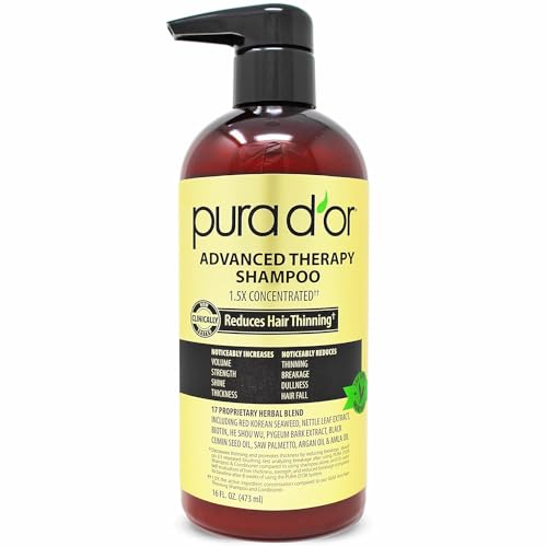 PURA D'OR 16 Oz Advanced Therapy Shampoo Reduces Hair Thinning & Increases Volume, No Sulfate, Biotin Shampoo Infused with Argan Oil, Aloe Vera