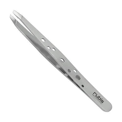 Rubis Hole Pattern Classic Stainless Steel Slanted Tweezers For Precise Eyebrows and Hair Removal, The Elegance Collection, 1K111,Silver,Rubis