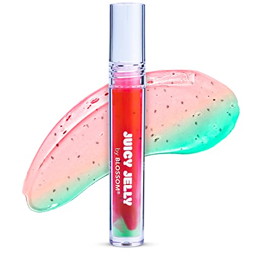 Blossom Lip Gloss Juicy Jelly Moisturizing Fruit Flavored Nourishing High Shine Lip Oil with Doe Foot Wand Applicator, 0.09oz, Watermelon