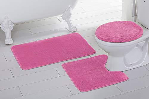 Elegant Homes 3 Piece Bathroom Rug Set Bath Rug, Contour Mat, & Lid Cover Non-Slip with Rubber Backing Solid Color # Angela (Hot Pink)
