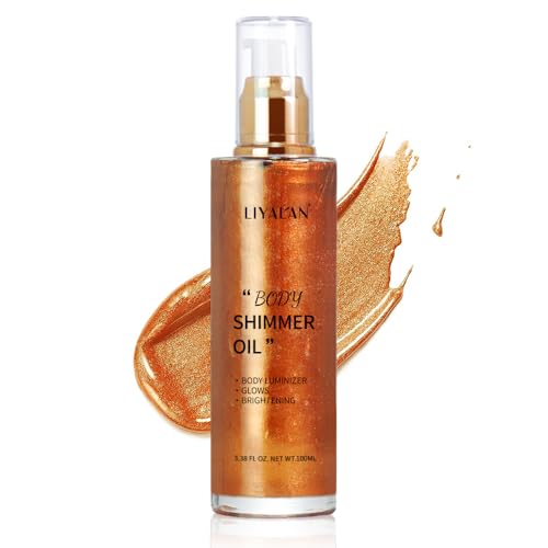 Liyalan Shimmer Body Oil Bronze Gold 5 Color Bronze 3.38 Fl Oz Face Glow Pearl Highlighter Illuminator body Makeup Shine Glitter Gold Liquid Taning Beauty and Personal Care LIYALAN Default Title