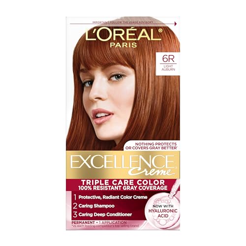 L'Oreal Paris Excellence Crème Permanent Hair Dye, Triple Care Hair Color with Hyaluronic Acid for 100% Gray Coverage, 6R Light Auburn, 1 Kit