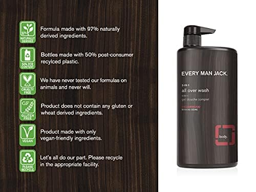 Every Man Jack 3-in-1 All Over Wash - Cedarwood |Twin Pack - 2 Bottles Included | Naturally Derived, Parabens-free, Pthalate-free, Dye-free
