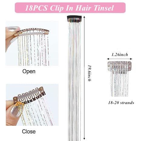 ZYXQZYX 19.6Inch Clip in Sparkle Fairy Hair Extensions Kit for Kids, Girls, Women - 18 Pcs Heat Resistant Hair Tinsel Clips (Silver) Beauty and Personal Care ZYXQZYX