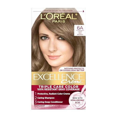 L'Oreal Paris Excellence Crème Permanent Hair Dye, Triple Care Hair Color with Hyaluronic Acid for 100% Gray Coverage, 6A Light Ash Brown, 1 Kit