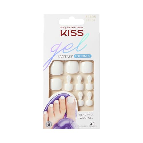 KISS Gel Fantasy Collection Ready-To-Wear Fake Toenails Pedicure Set, Style 'This is Classic', with Mini Nail File, Pink Gel Nail Glue & 24 White